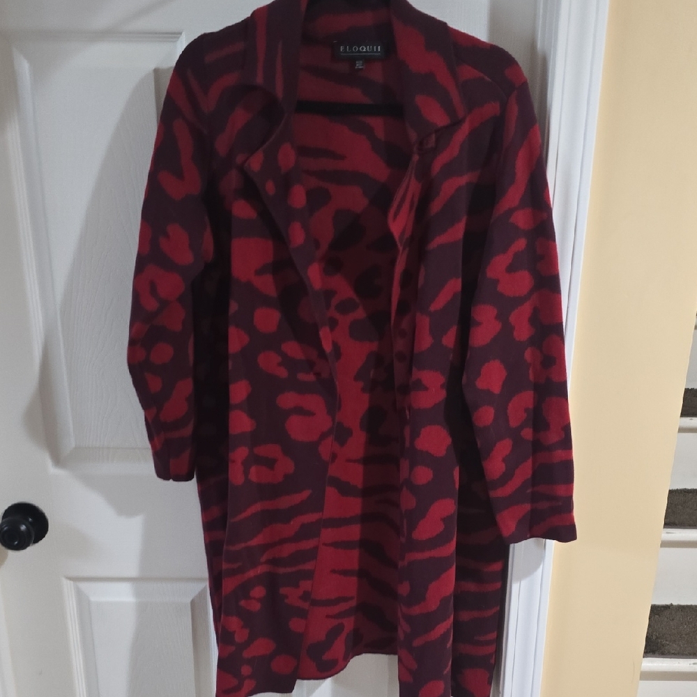 Eloquii Burgundy and Red Animal Print Open Cardigan